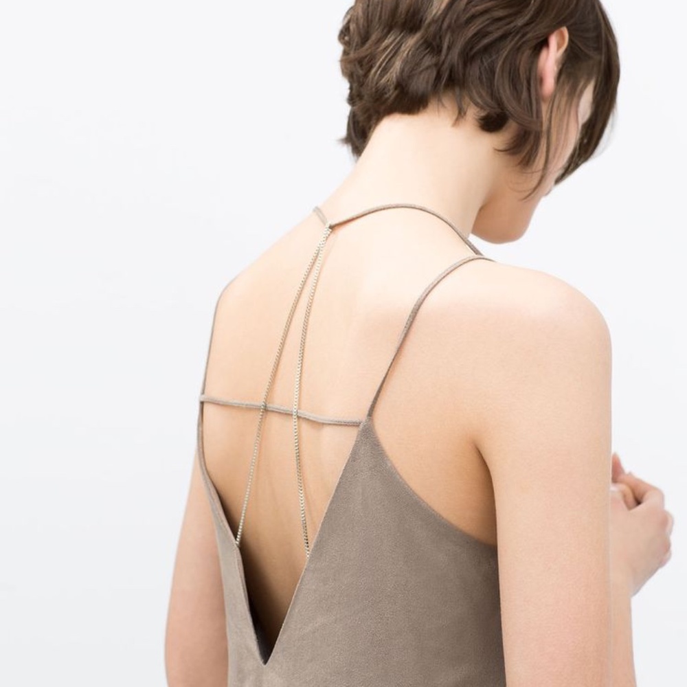 ZARA Women's Collection Tank Top Brown Faux Suede and Chiffon with Silver Chain